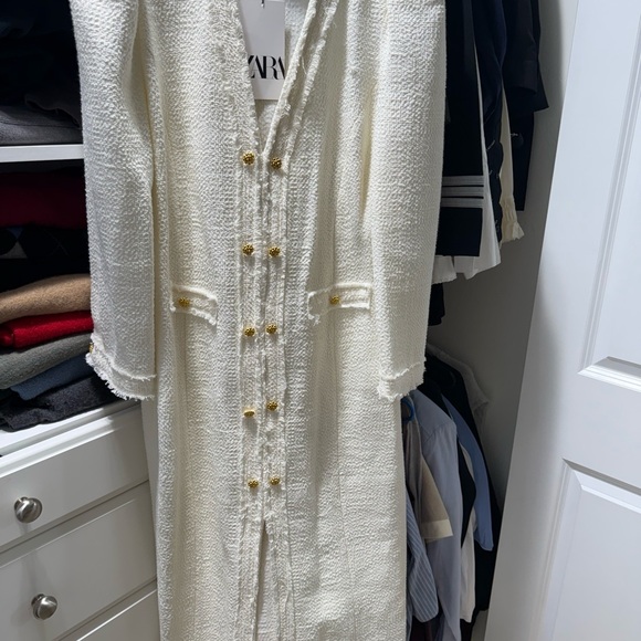 Zara long sleeve v- neck tweed dress with gold buttons Sz L NWT - Picture 1 of 11